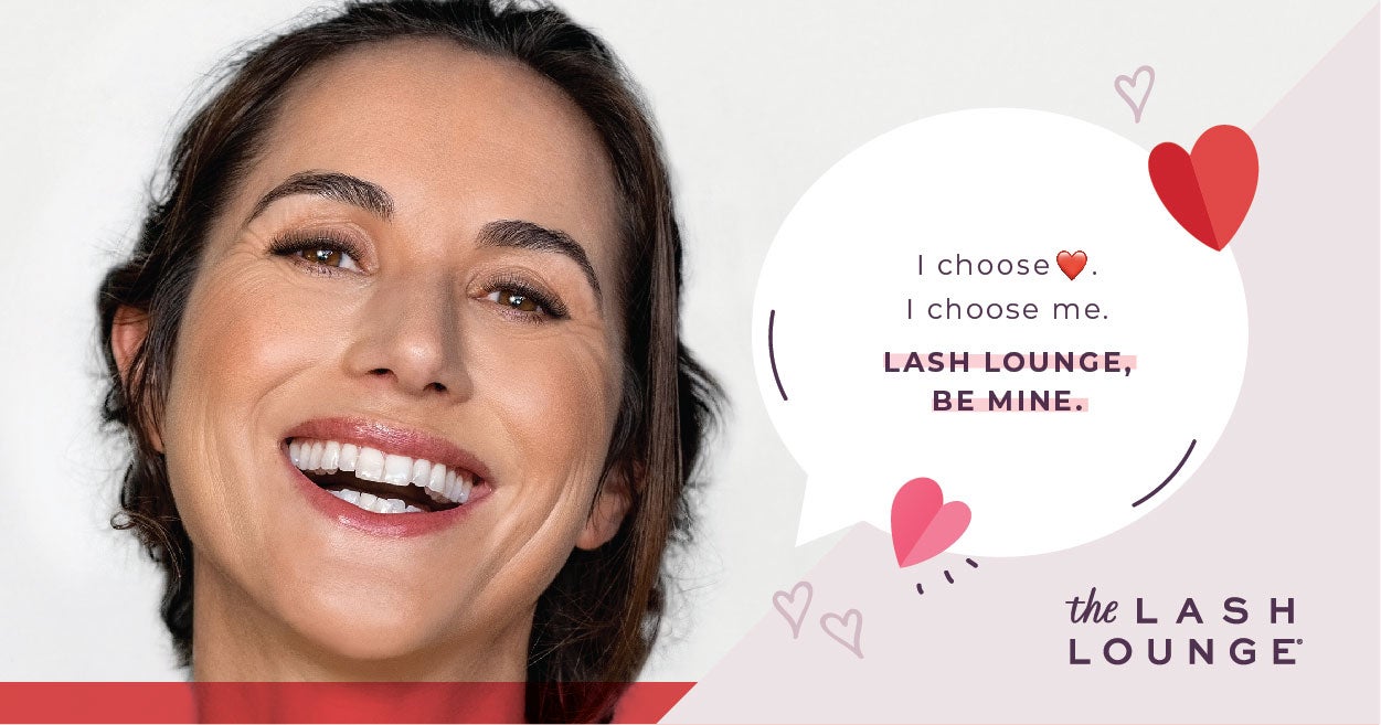 middle-aged hispanic woman smiling with eyelash extensions from The Lash Lounge for Valentine's Day