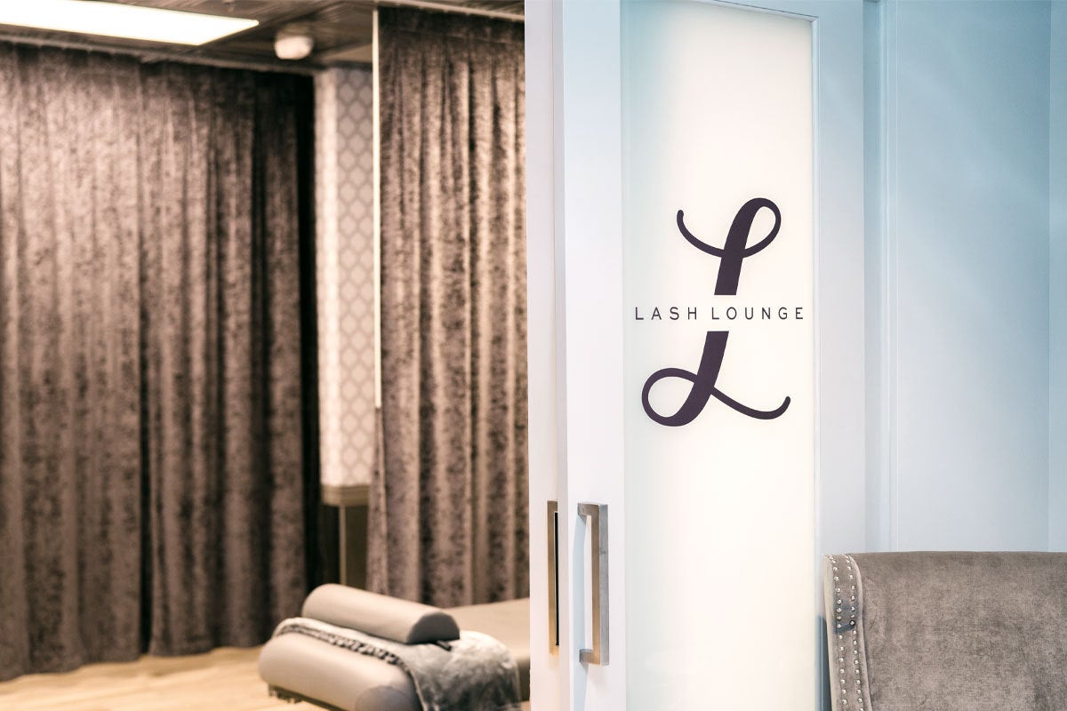 Interior shot of The Lash Lounge sliding door and relaxing service area