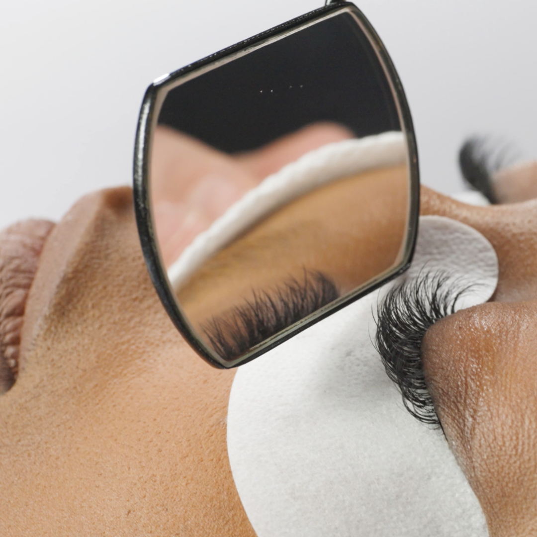 close-up of woman's professional eyelash extensions after application