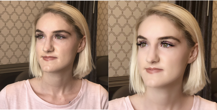 young blonde woman with lash extensions showing before and afters of her edited photos