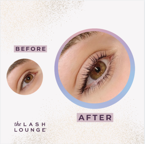 closeup of a woman's eye before and after a lash lift from The Lash Lounge
