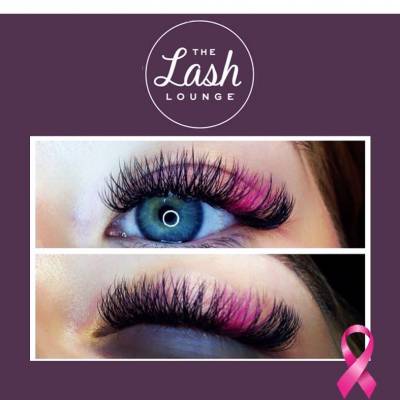 a photo collage of eyelash extensions with a cluster of pink lashes throughout the lash line