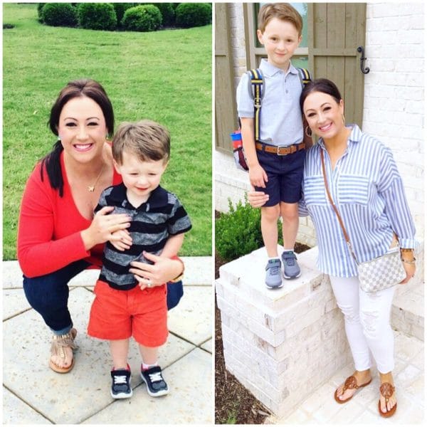 Lindsey and her son posing in two different images in a collage.