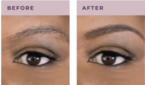 before and after shots of a woman's eyebrow from a threading service at The Lash Lounge