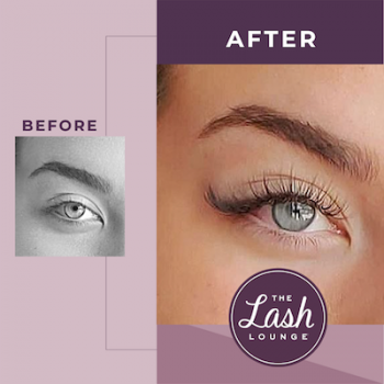before and after of a "volume: level 3" eyelash extension look from The Lash Lounge