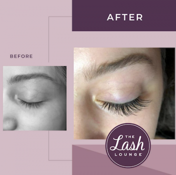 before and after of a guest showing set of hybrid lashes