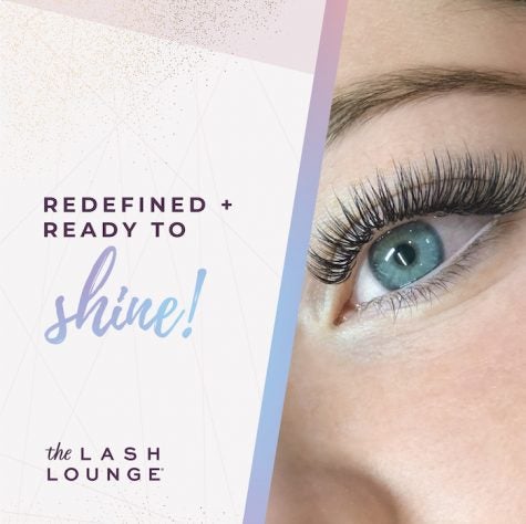 "Redefined + Ready to Shine" text and woman with lash extensions