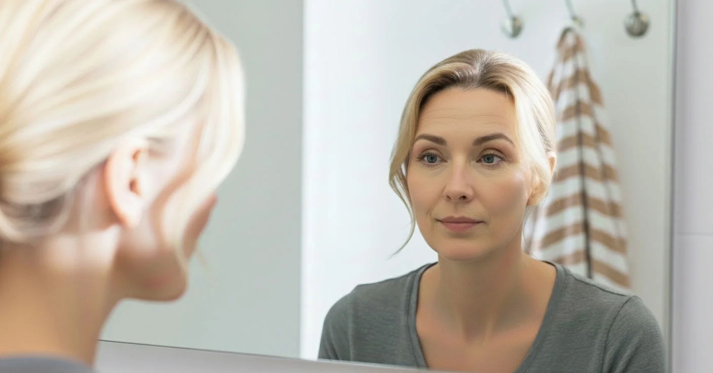 blonde woman looking in