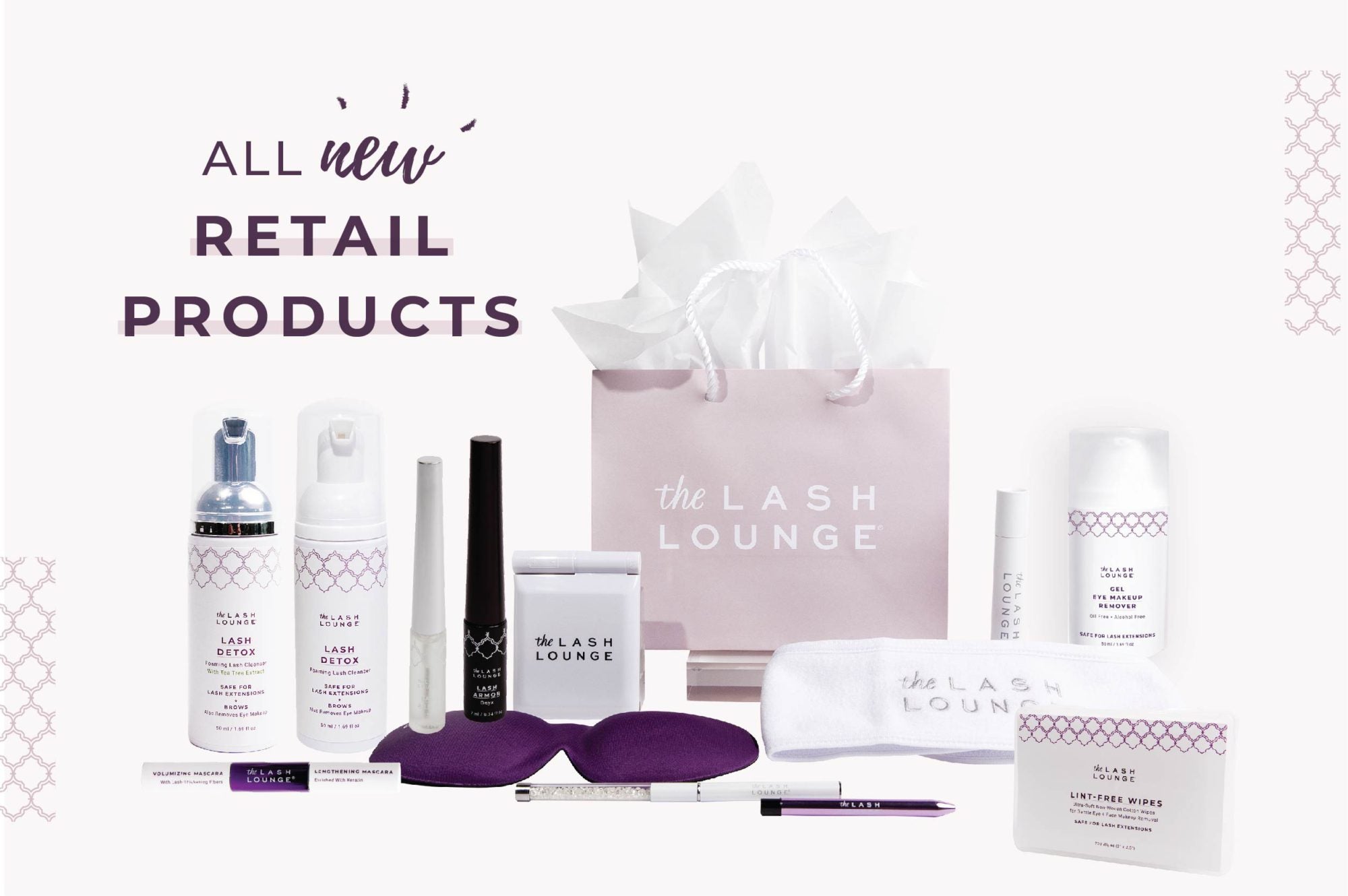 Retail products and accessories from The Lash Lounge featuring lash care, skincare, cosmetics and accessories