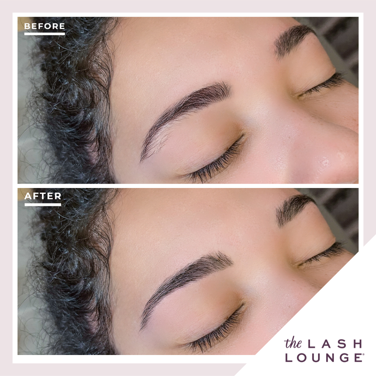 a before and after shot of a woman with threaded eyebrows from The Lash Lounge