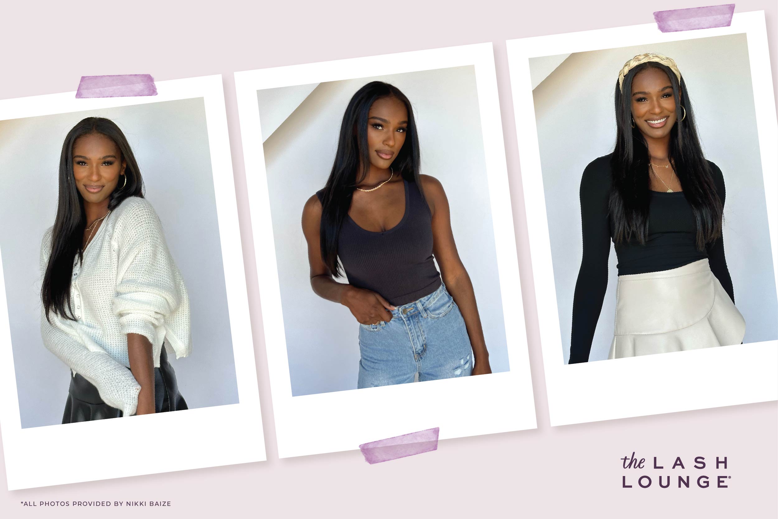 Lifestyle influencer and Lash Lounge guest, Nikki Baize, posing in 3 different images placed in a polaroid frame.