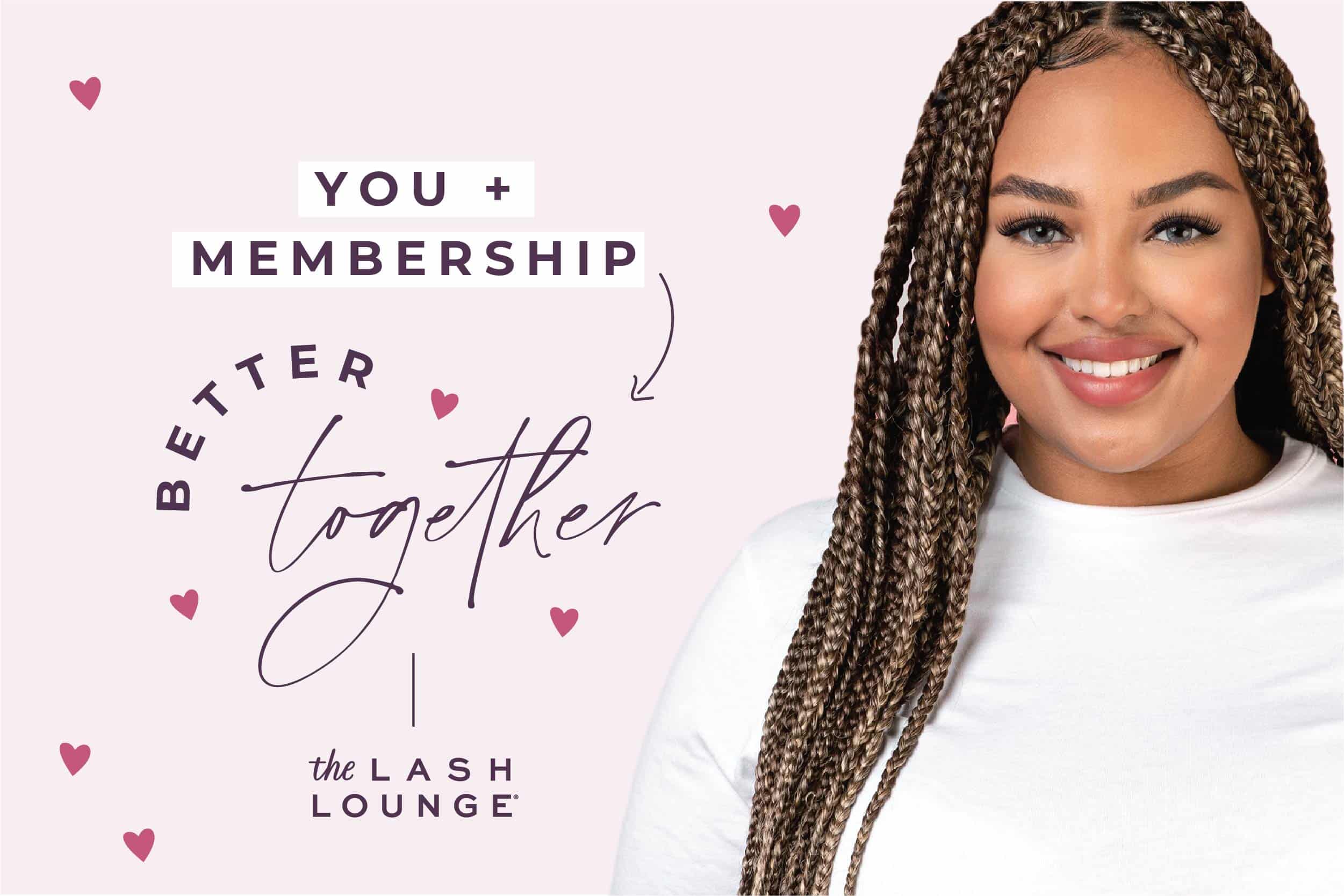 Black woman with braids and lash extensions smiling in a graphic with hearts for Valentine's Day