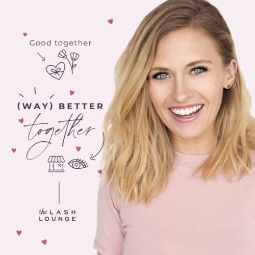 Blonde woman happy and smiling with lash extensions in a graphic with hearts for Valentine's Day