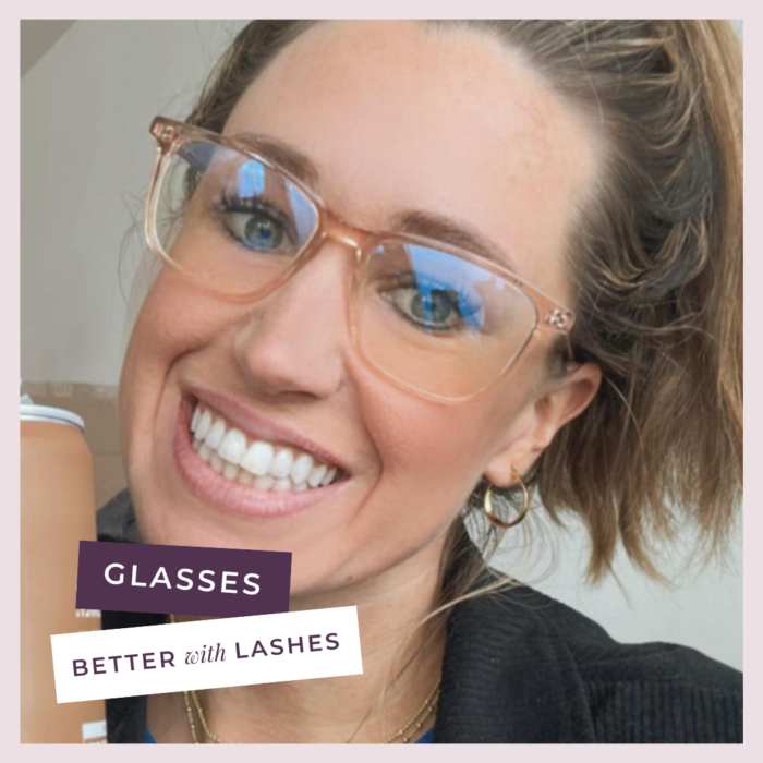 close-up of Katie Hoff Anderson wearing glasses with lash extensions