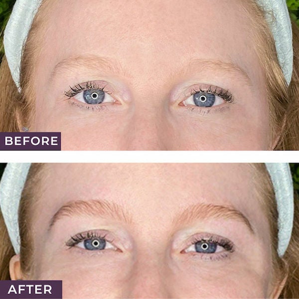 two side-by-side close-up images of a woman's eyes and eyebrows before and after getting her brows tinted