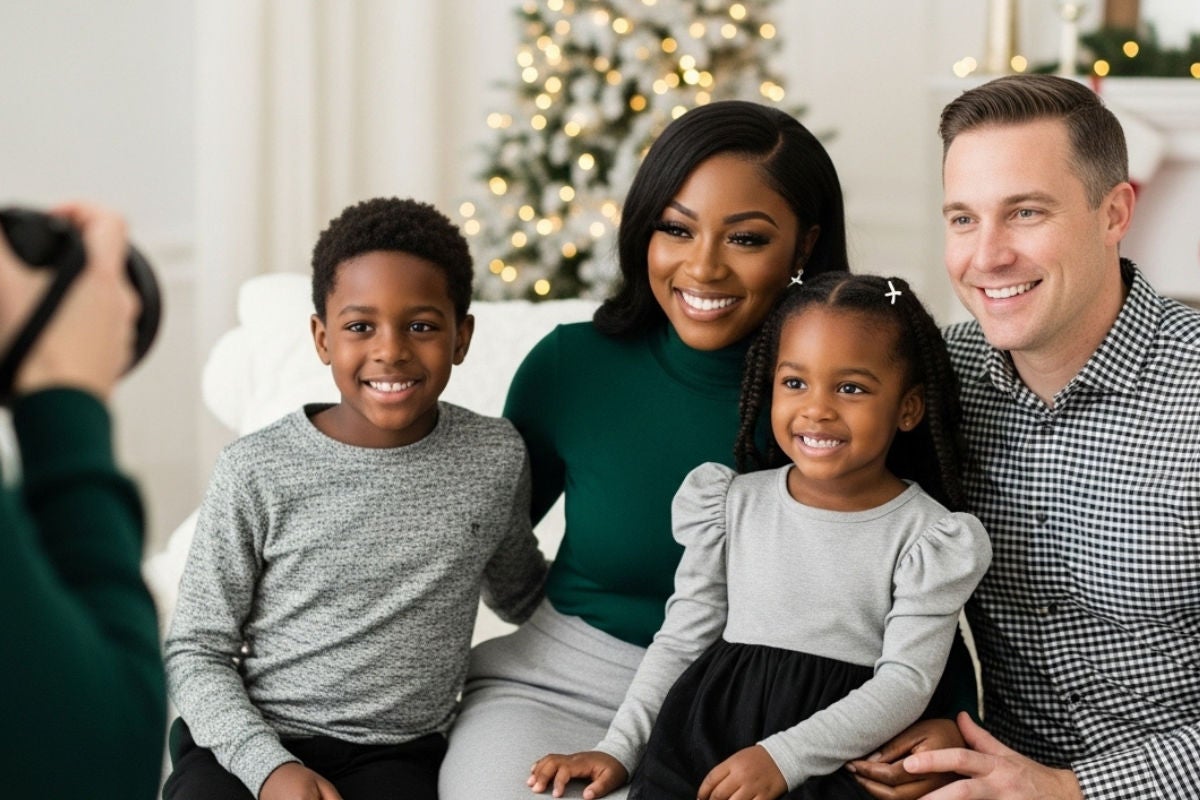 family smiling for holiday photo