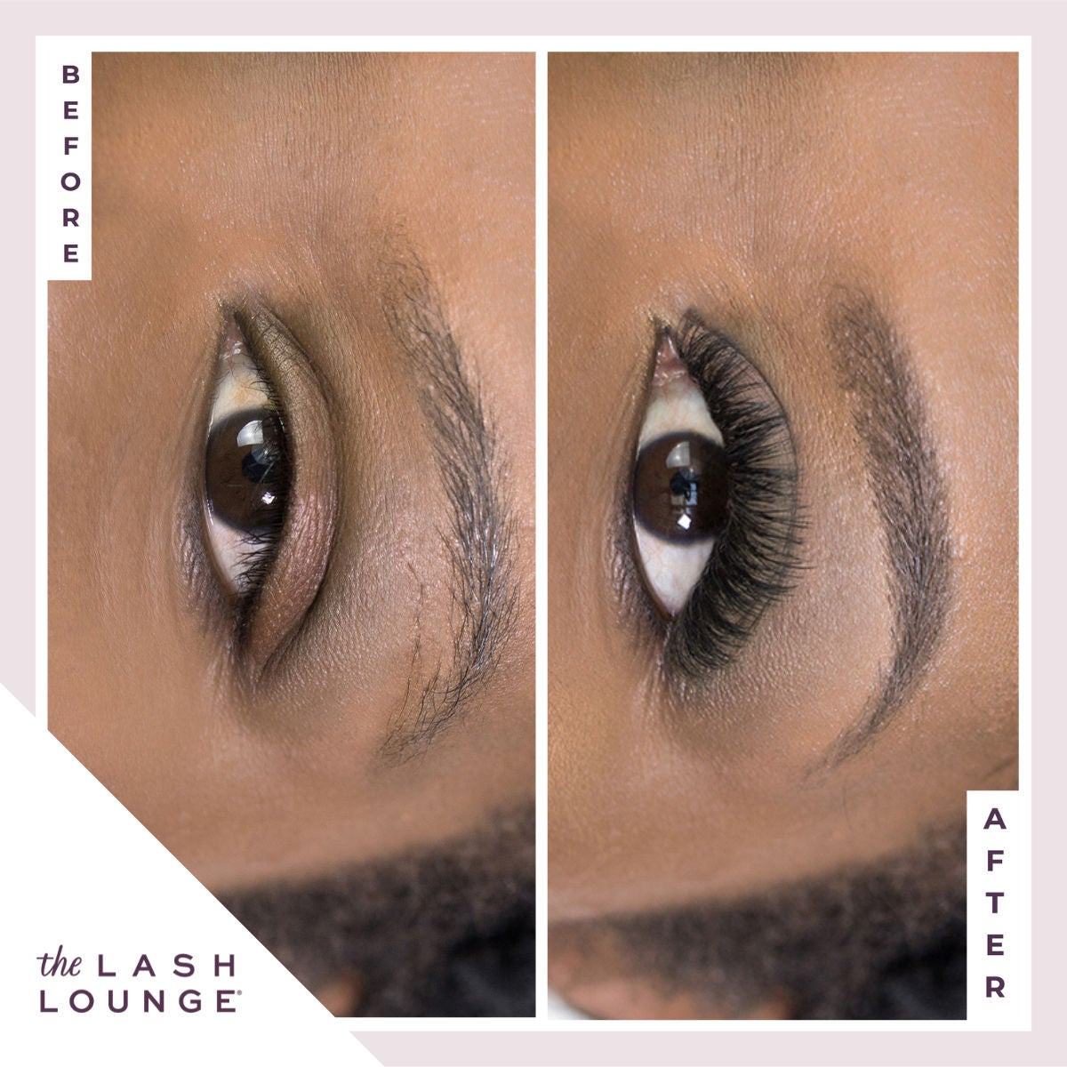 before after image close-up of lashes and brows on black woman's eye