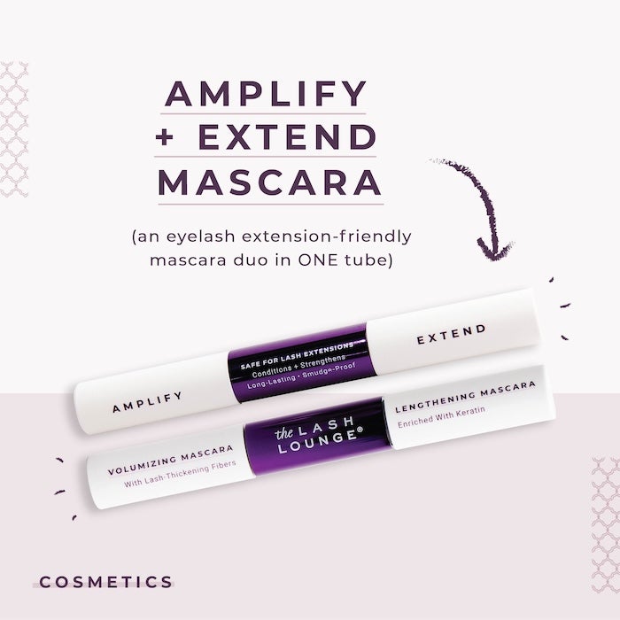 Lash Lounge Amplify + Extend mascara tubes with purple background