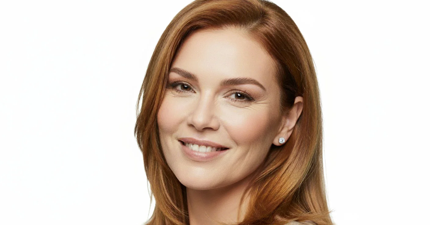 Woman with red hair and groomed eyebrows