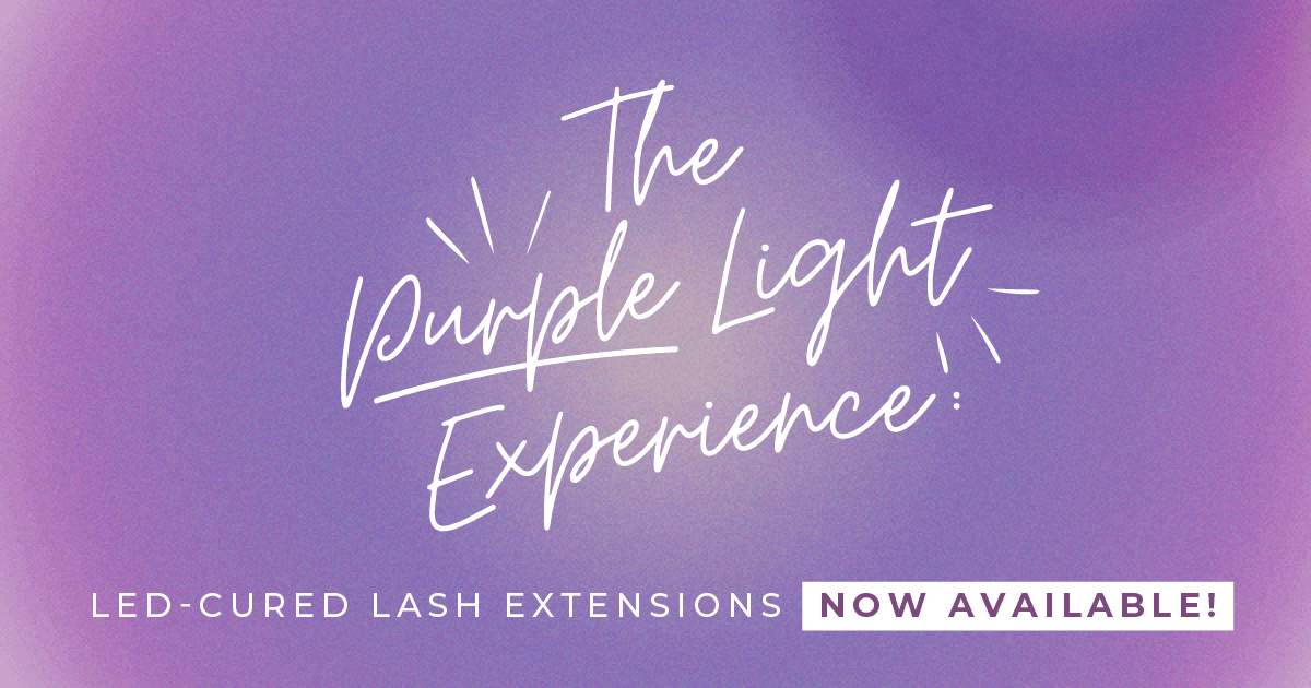 "The Purple Light Experience", The Lash Lounge's new LED cured lash extension service, in white font against a purple aura background.