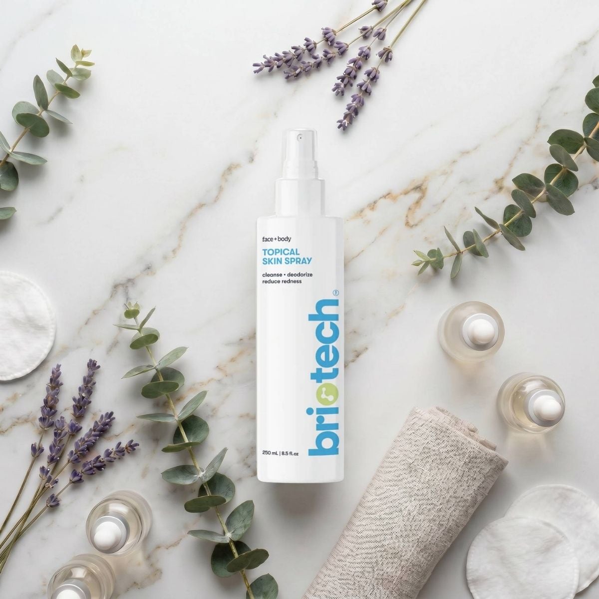 Flat lay image of hypochlorous acid spray bottle
