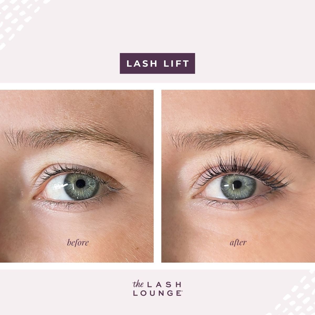 Up-close image comparison of eyelashes before and after a lash lift appointment