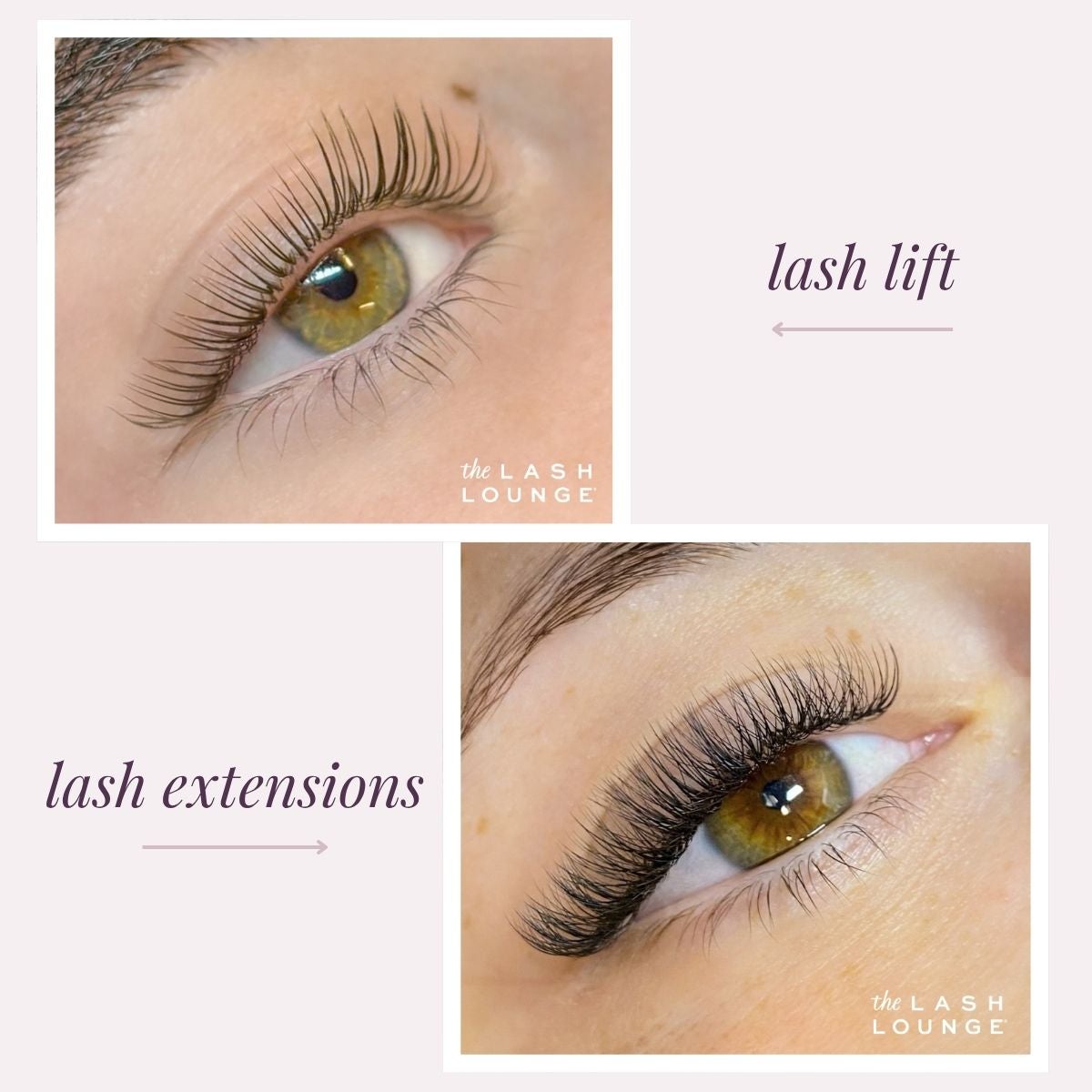 Comparison of lash lift to lash extensions as showed by closeup image of each