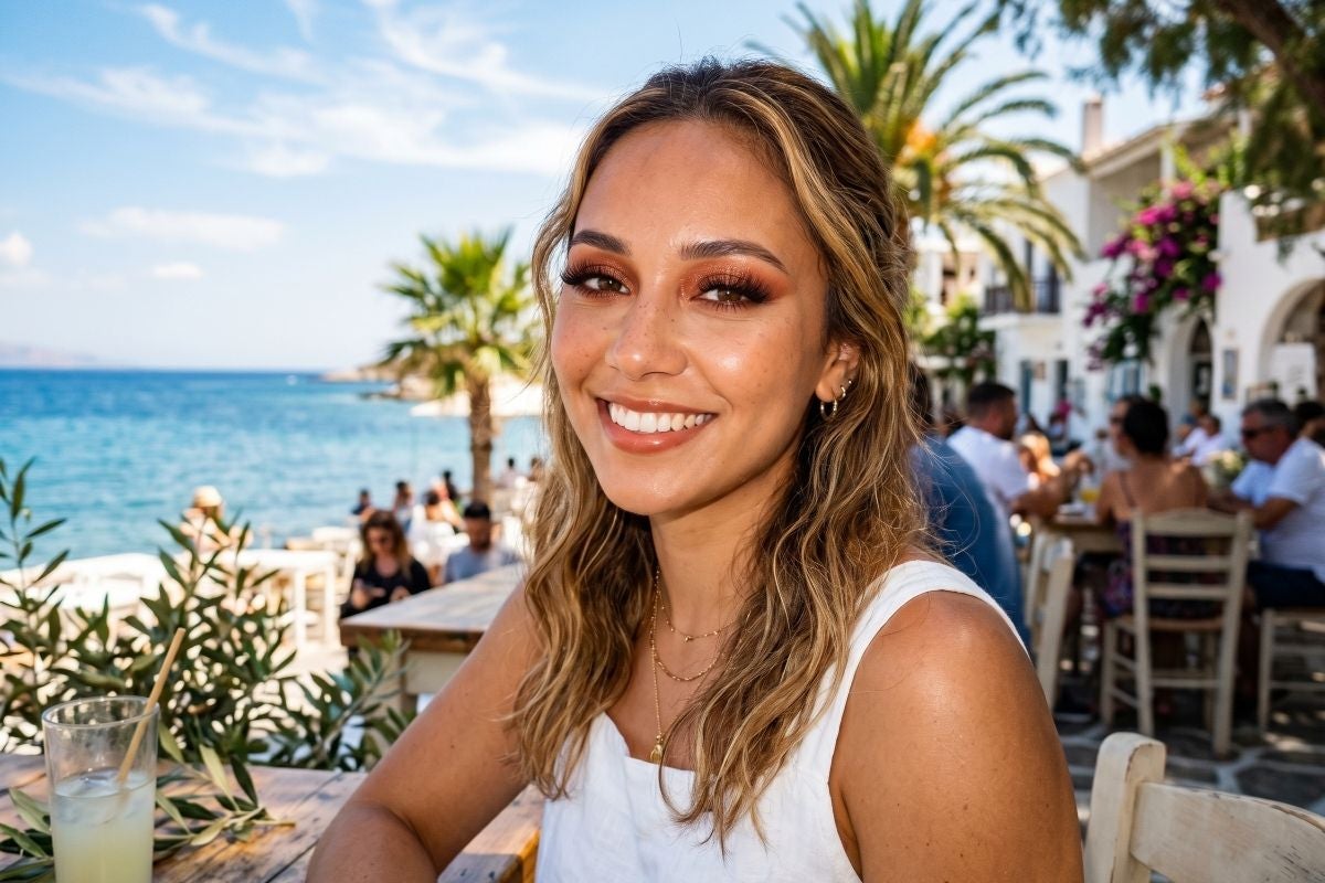 Mixed race woman at the beach with warm eye makeup look and volume set of lash extensions.