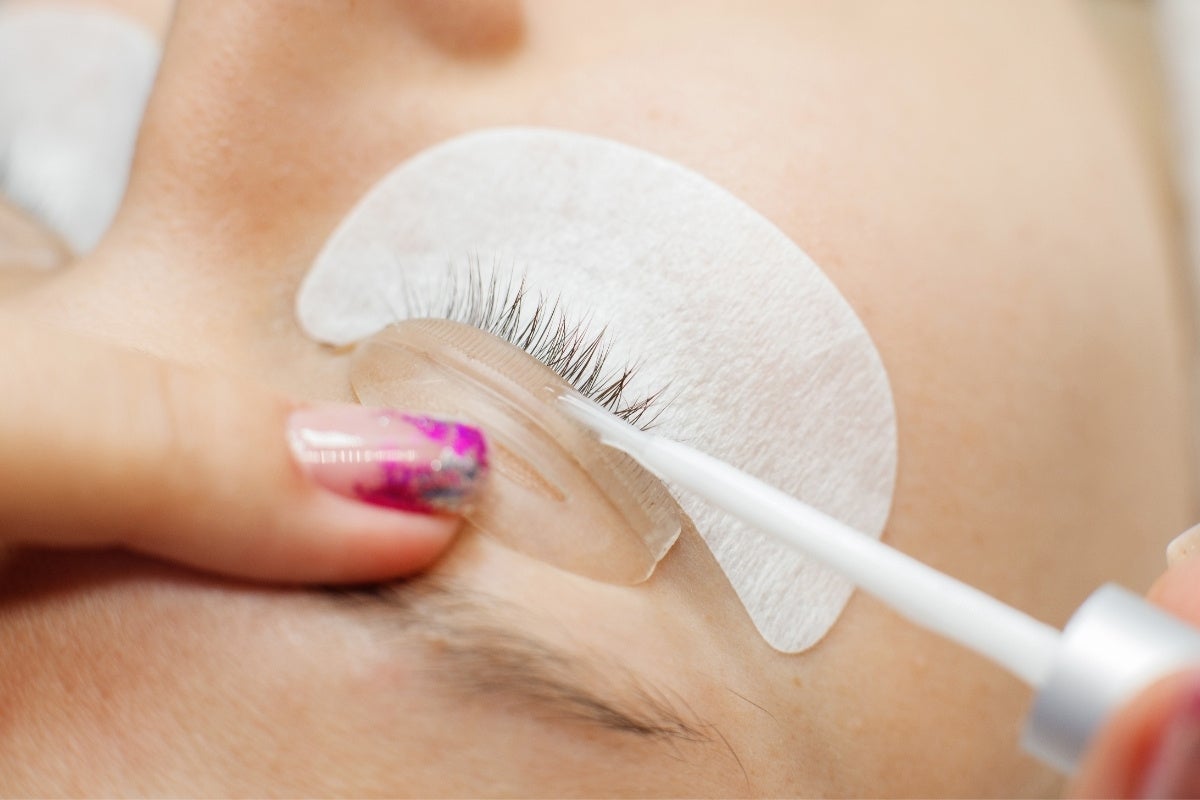 Mid-service closeup shot of lash lift.