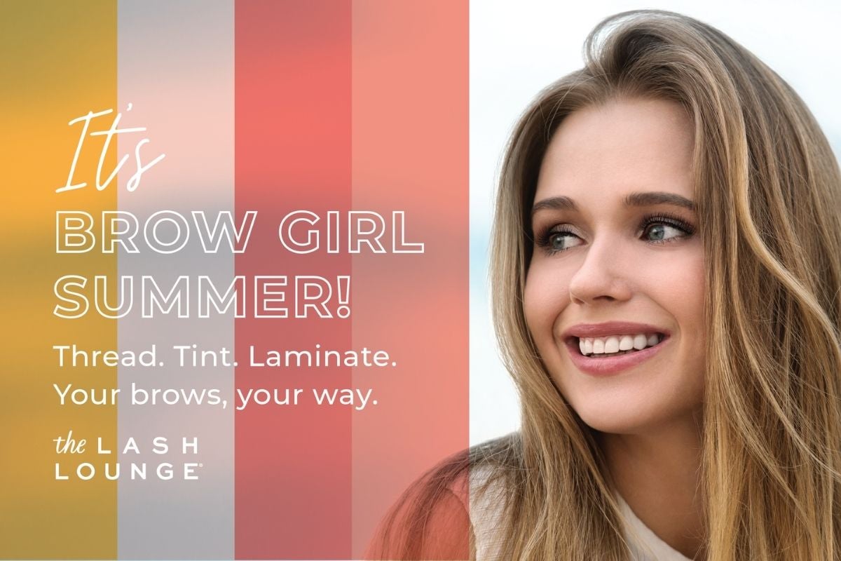 Woman with brow thread, tint and lamination and eyelash extensions smiling outside in the summer.