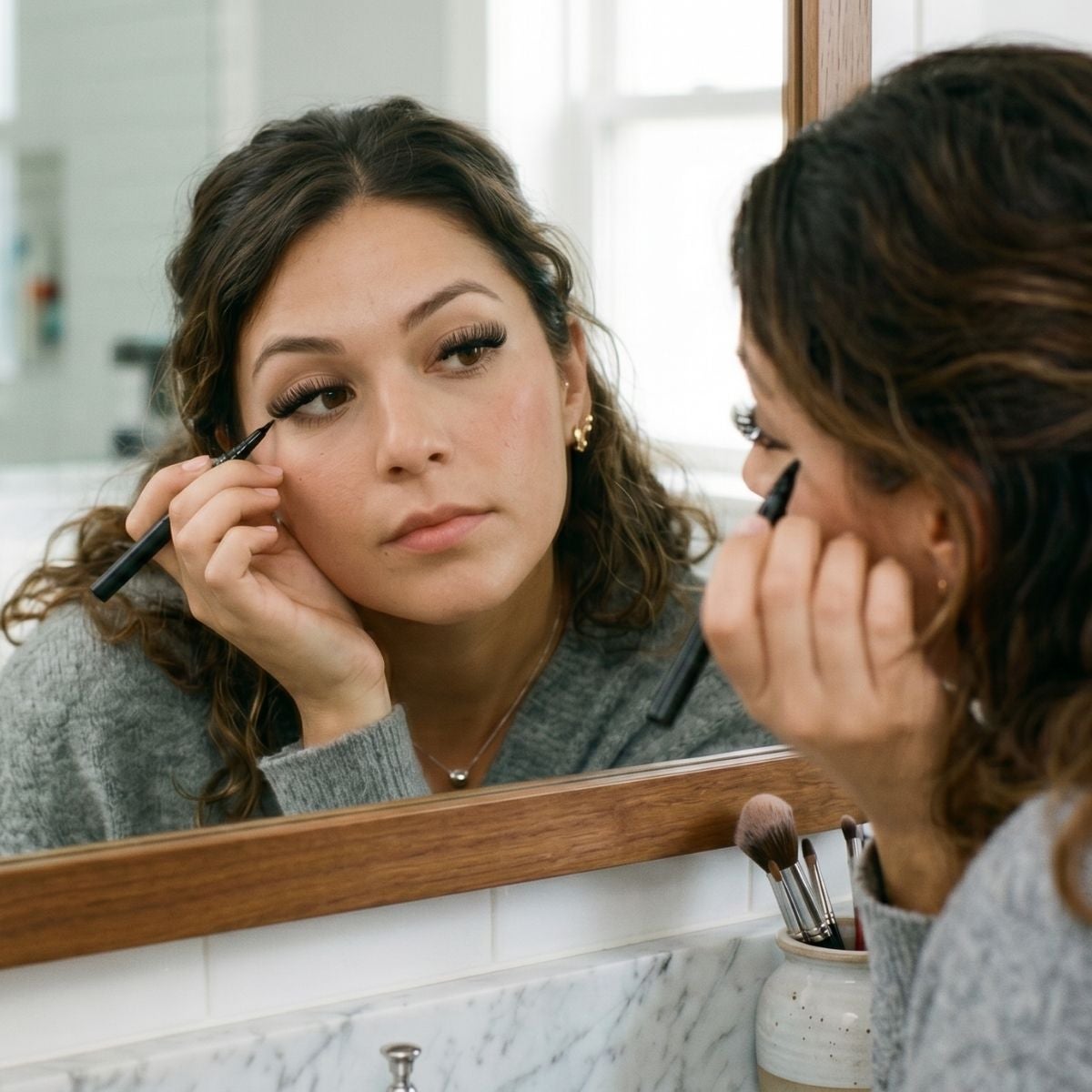 Woman with lash extensions applying eyeliner in the mirror.