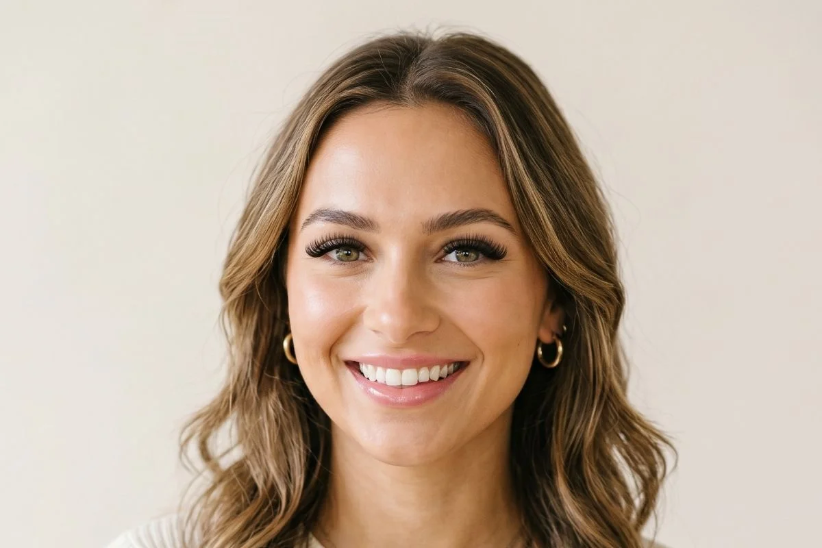 Woman with lash extensions smiling.