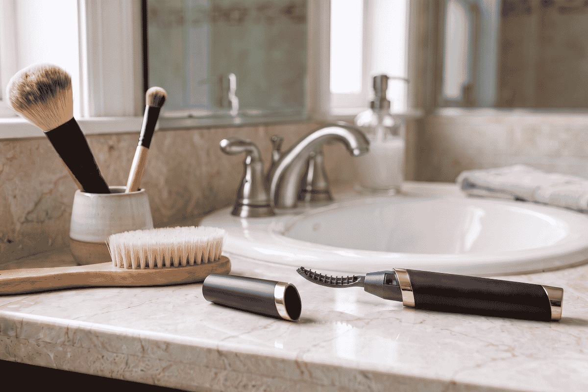 Heated lash curler sitting on bathroom counter.