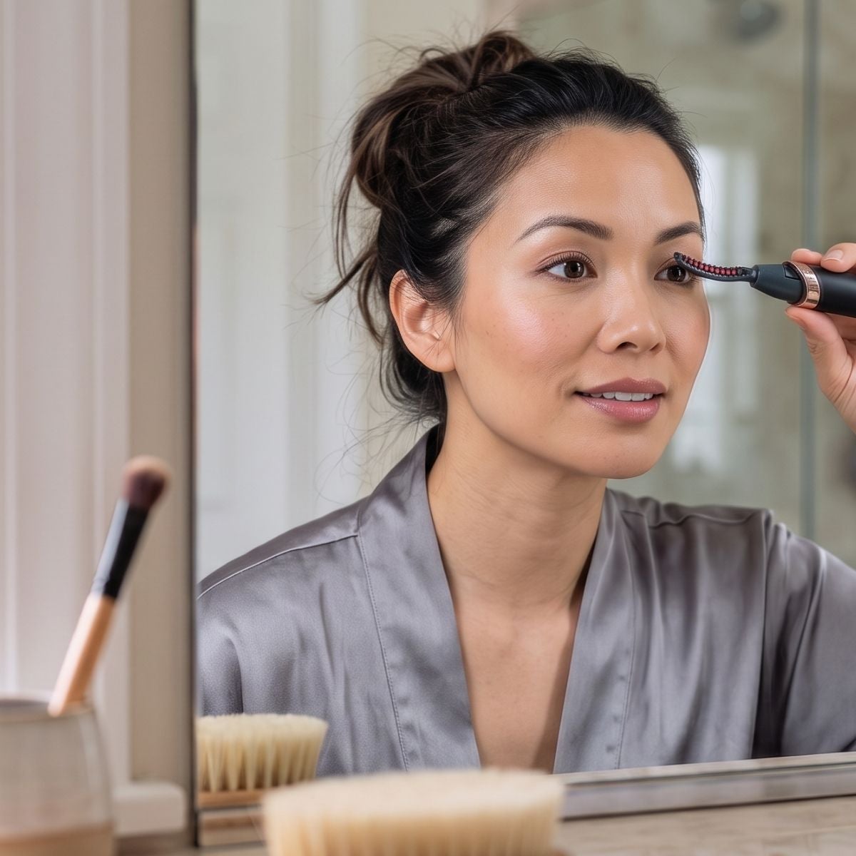 Woman looking in the mirror using heated lash curler.