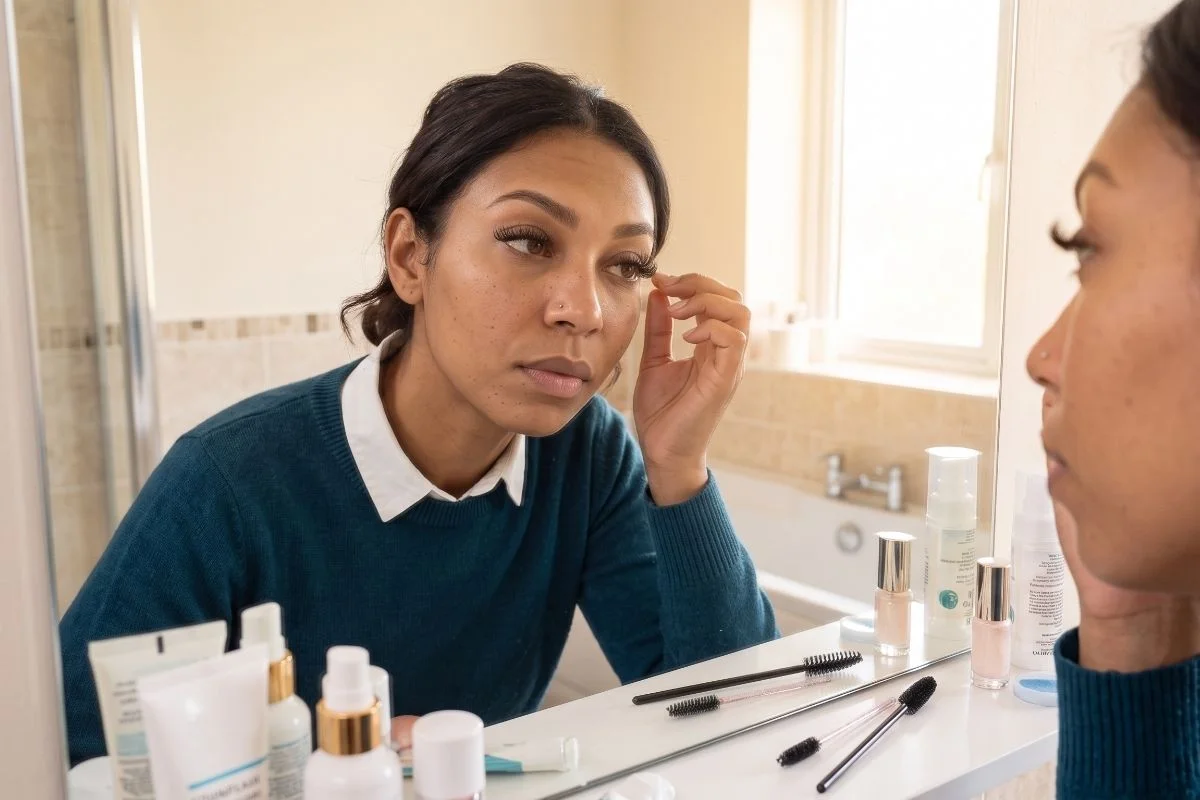Woman looking at lash extensions in the mirror.
